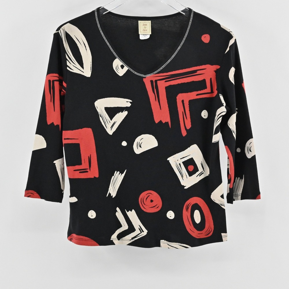 Jess Jane Womens Geo Play Top Size S Petite Art to Wear‎ 3/4 Sleeve Geometric